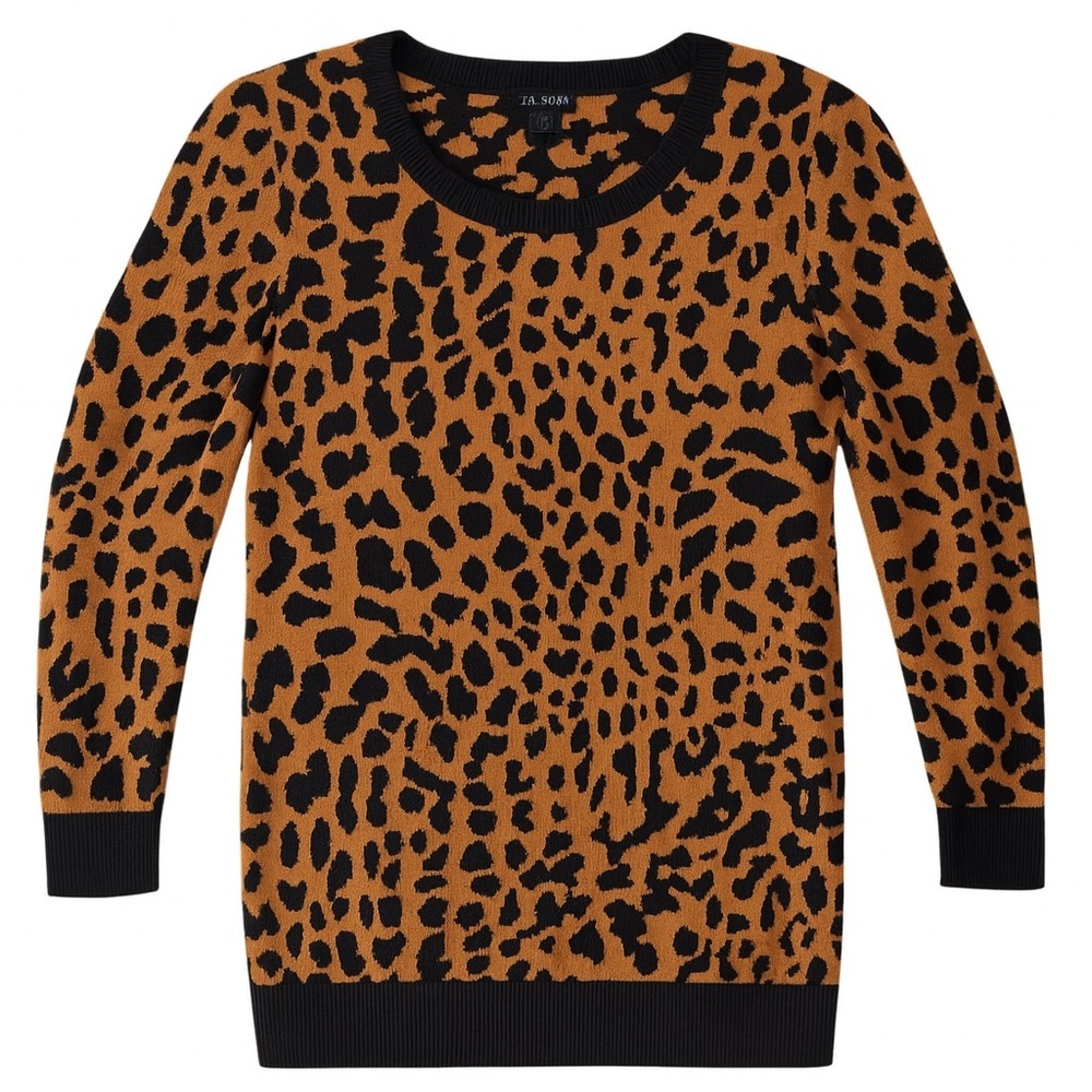 New Talbots Leopard Print Crewneck Sweater Black Tan Animal Print Work Office M